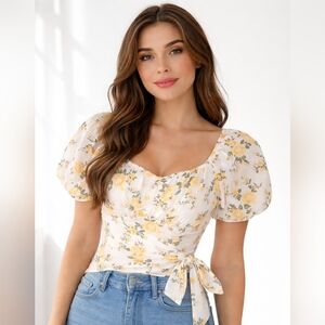 Chic Floral Puff Sleeve Blouse - White and Yellow*** Fits Medium